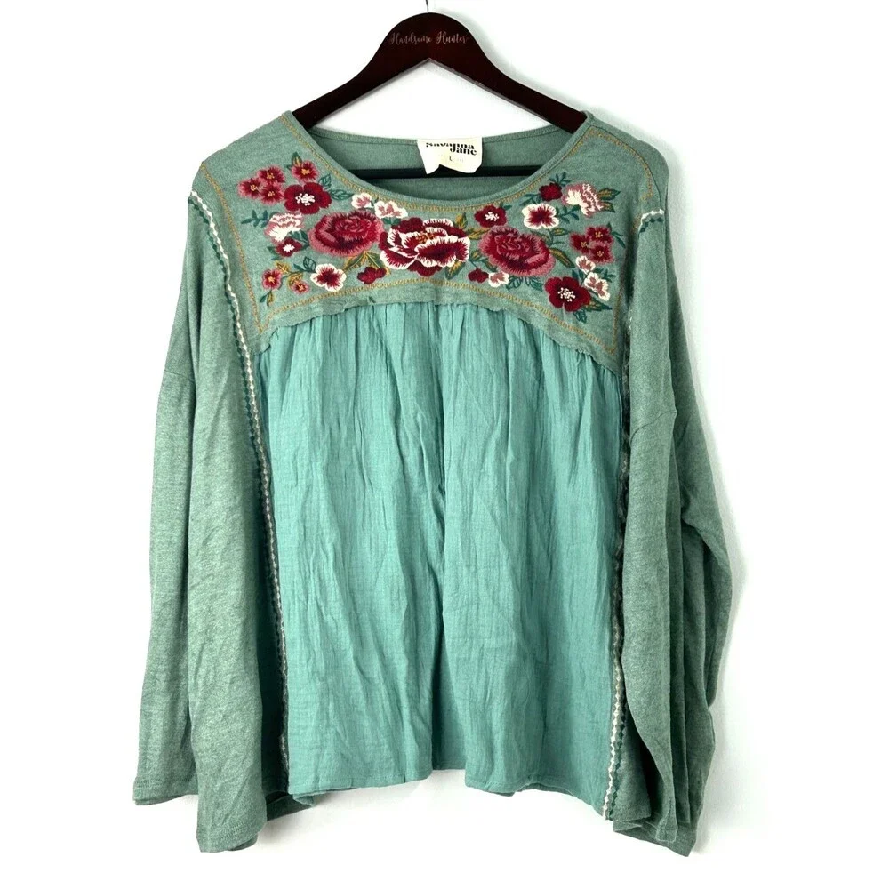 Savanna Jane Womens Long Sleeve Floral Embroidered Bohemian Top Size L 1359H1 - Picture 1 of 10